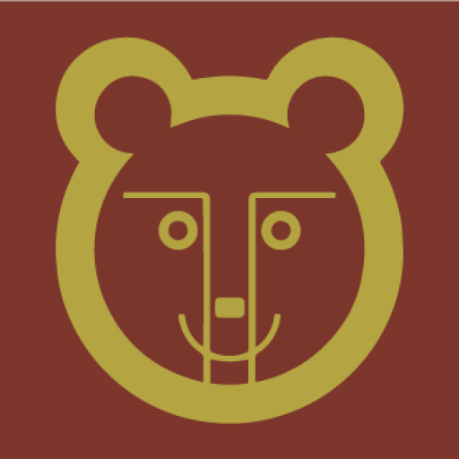 Logga med ett enkelt björnhuvud i mässing på brun bakgrund